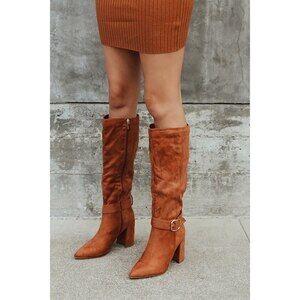 NWOB Lulus Katana Cognac Suede Pointed-toe Knee-high Boots Brown - Size 7.5